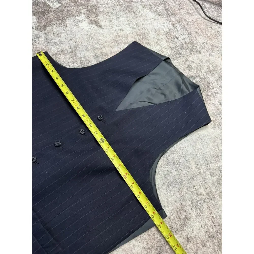 Vintage 70s Bespoke Vest Waistcoat Mens 41 L Navy Blue Pinstriped Wool